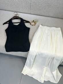Conjunto de top de camisola elegante para mujer, cómodo y sexy para calle, minimalista, ideal para vacaciones, citas románticas, fiestas y playa, primavera/verano - Albaricoque + negro - Ver 7