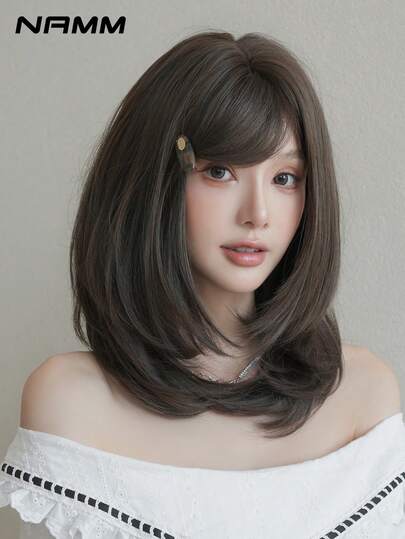 NAMM 16 Inch Medium-Length Straight Brown Wigs For Women, Shoulder Length Bob StraightWigs,Synthetic Heat-Resistant Long Fully Machine Wig Natural Looking Fluffy Very Soft Synthetic Heat Resistant Fiber Hair Wig Accessories For Girls Music Festival Party Street Wear, Sakura Festival, Cosplay Anime Or Costume Use(Bangs Can Be Styled Freely Into Middle Part, Left Side Part Or Right Side Part.)