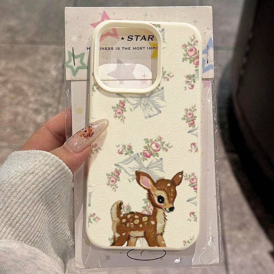 1pc TPU Material Bow Floral Healing Deer Pattern Phone Case Compatible With Iphone 17 Pro Max/17/16 Pro Max/15/13/12/11, S20 FE/A15/S24/A55, Note 11/Note 12/Note 13 Pro, Full Coverage Anti-Drop Soft Protective Phone Case - White - View 1