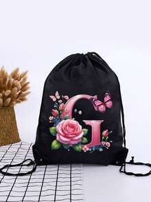 1pc Summer New Floral & Letter Outdoor Sports Bag, Football Backpack, Basketball Backpack, Boys & Girls Sports Bag, Hiking Backpack, Large Capacity Lightweight Drawstring Bag - Black - View 19