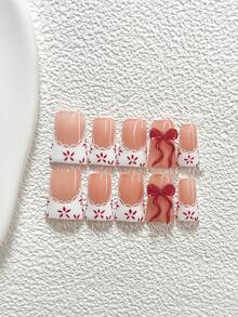 10Pcs Fun French Style Polygel Nail Set,Acrylic Press-On Nails,Red 3D Ribbon Bow,Hand-Painted Red Five-Petaled Flowers, White Lace Trim Nail Art Decoration,White Nail Polish,Suitable For Daily,Reunion,Party,Photograph,Play,Spring Summer,Commute Supplies Nails,Great Gift For Ladies And Girls Press On Nails - 彩色 - 查看 2