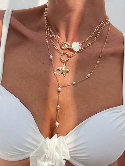 3pcs/Set Ocean Inspired Shell, Starfish, Conch Necklace, Fashion Faux Pearl Beaded Chain Necklace, Bohemian Style Suitable For Daily, Party, Beach, Holiday Wear, Gift For Friends And Family