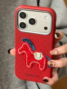 1pc Red Embroidered Pony Polka Dot Leather Phone Case Compatible With Apple IPhone17 IPhone17Promax 16ProMax 16 15 14 13 12 11 15Promax 14Plus 14Pro Phone Covers, Retro Aesthetic Shockproof Cover, Perfect Gift For Girls - Red - View 2