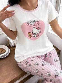 SANRIO Hello Kitty 女士圆领印花短袖上衣 + 直筒弹力腰裤 2 件套可爱睡衣套装 - 粉色 - 查看 2