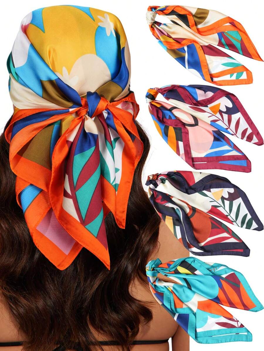4pcs Satin Headband/Headscarf/Hair Wrap - 27.5 Inch Satin Square Headscarf For Women - Multicolor - View 1