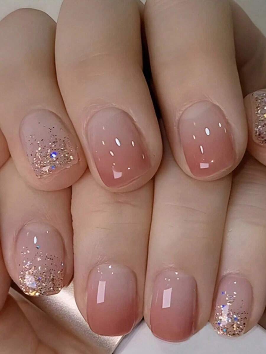 24pcs Short Square UV Glitter Gradient Pink-Orange Candy Color False Nails + 1pc Jelly Glue + 1pc Nail File Set Press On Nails Nail Supplies - 多色 2 - 查看 1