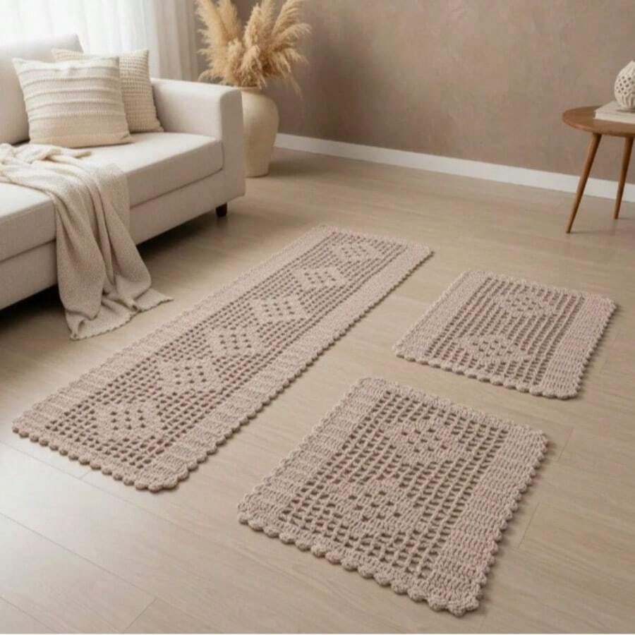 Rectangular Kitchen Rug And Runner Kit 3 Pieces Rhombus - بني فاتح - مشاهدة 1