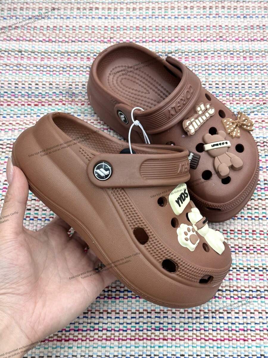 Children's Platform Crogs Shoes With Random Pendant - Lightweight And Comfortable, Odorless, 100% EVA - Brown - View 1