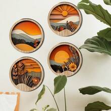 Bộ 4 món trang trí tường bằng gỗ rỗng hình tròn kiểu cổ điển, hình cây cối và phong cảnh, đồ trang trí nghệ thuật sáng tạo. - Nhiều màu 2 - Xem 5