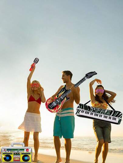 4pcs 90s 80s Party Props, Inflatable Fake Instruments, Rock Band Set, Portable Inflatable Guitar, Electronic Keyboard, Microphone, Recorder Toys