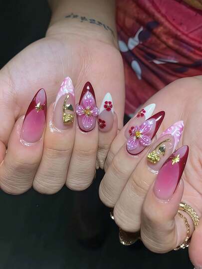 24pcs Luxury 3D Cherry Blossom Press On Nails Almond Shape, Pink Gradient French Tip Fake Nails With Gold Cherry Charms, Floral Design Glossy False Nails For Women Wedding Party