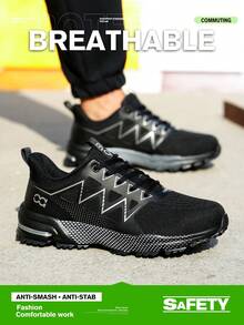 Men's Safety Shoes, Steel Toe Athletic Shoes, Anti-Smash Work Shoes, Black Gray/Royal Blue Lightweight Steel Toe Safety Boots, Anti-Smash Anti-Puncture Hiking Shoes, Construction Industrial Warehouse Protective Low-Top Unisex Shoes - Black - View 7