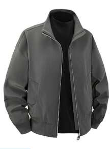 1pc Men's Zip-Up Long Sleeve Jacket, Stand Collar Design, 2 Pockets (With Metal Buckle), Suitable For Spring & Autumn Outdoor Sports - Dark Grey - View 3