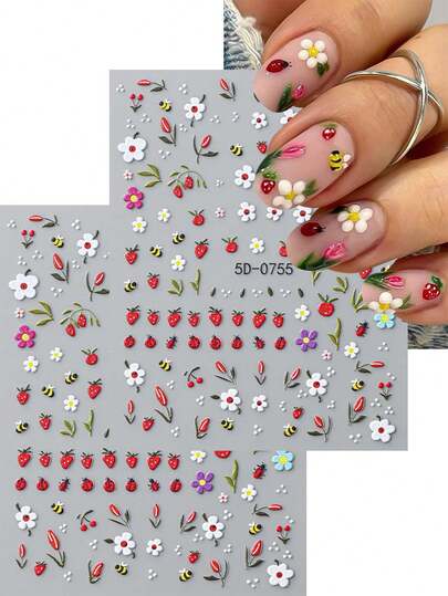 2PCS 5D Cute Daisy Bee Ladybug Flower Nail Sticker Strawberry White Daisy Spring Summer Manicure Stickers Self-Adhesive Nail Decal For Women Nail Decoration