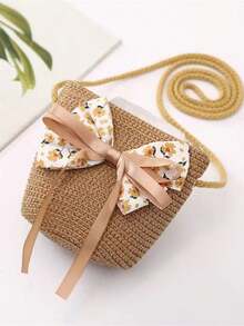 Spring Summer Girls Straw Woven Bag Cute One Shoulder Crossbody Bag Beach Straw Woven Bag - Floral Bow - View 4