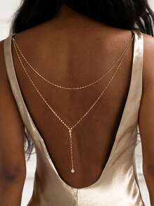 1pc Elegant Sexy Rhinestone Inlaid Alloy Extra Long Y-Shaped Backless Necklace, Suitable For Women In Any Occasion - Gold - View 2