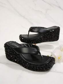 女童亮片厚底人字拖 - 闪亮亮片坡跟，缎面人字带，夏季沙滩凉鞋 - 黑色 - 查看 2