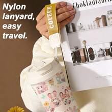 mikenda 1pc 18oz Cute Cartoon Rabbit & Fox Print Stainless Steel Tumbler With Flip Lid & Carry Strap, Vacuum Insulated Travel Coffee Cup, Thermal Water Bottle Keep Hot 12H Cold 24H, Aesthetic Gift For Girls & Women - White - View 8