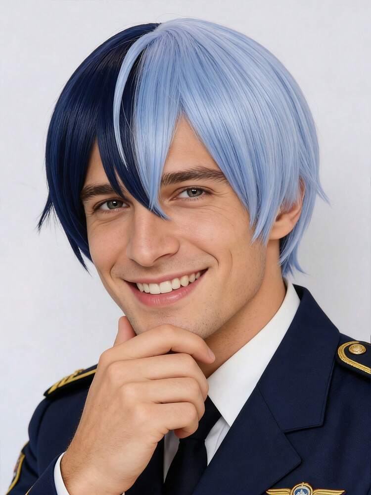 Stylowa krótka, warstwowa, prosta peruka typu bob z grzywką zaczesaną na bok dla kobiet i mężczyzn – naturalna, srebrnoszara, biała, granatowa, dwukolorowa, niebieska (połowa ciemnego granatu i połowa jasnego błękitu nieba), żółta, bordowa, syntetyczna, odporna na ciepło peruka z włosów z grzywką, idealna na imprezę, cosplay anime, kostiumy do gier, kostiumy postaci filmowych, święta, Comic Con, codzienny prezent modowy i urodzinowy - Wielokolorowe - Zobacz 14