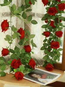 MEHELANY Bộ 2 vòng hoa hồng lụa nhân tạo màu đỏ dài 1,8m (6,5ft), thích hợp trang trí Giáng sinh, Ngày Valentine, quà tặng Ngày của Mẹ, trang trí đám cưới, trang trí tủ, trang trí tường trong nhà, trang trí bàn làm việc, trang trí phòng, trang trí lan can cầu thang. - Đỏ - Xem 6