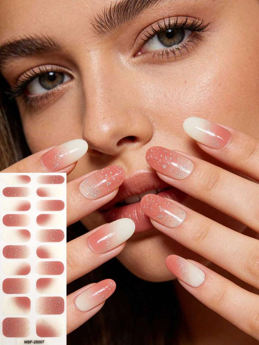 1 Pc Peach-Pink Gradient Glitter Full Cover Nail Wraps, Featuring Translucent Peach-Pink Blurs And Fine Silver Glitter, Long-Lasting And Edge-Resistant, Suitable For Daily Commuting, Dates And Afternoon Tea, Creating A Gentle And Luminous Delicate Vibe