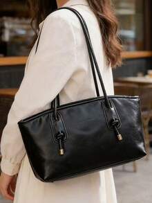 Solid Color PU Leather Minimalist Retro Versatile Women Tote Bag, Large Capacity Travel Essential Tote - Black - View 11