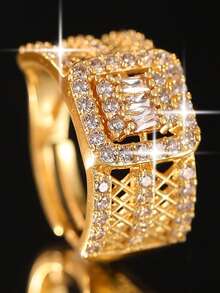 1pc Luxury Court Style Geometric Lattice Cubic Zirconia Wide Band Engagement Rings, Delicate Hollow Design, Perfect For Daily Wear, Wedding, Banquet & Party - Yellow Gold - View 9