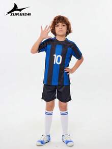 SURUIDA Tween Jungen Inter Mailand Fußballtrikot, Rundhalsausschnitt mit gestreiftem Muster und Nummer-Muster im Vereinsstil #10, bequemes Eltern-Kind-Sportset, geeignet für Jungen/Mädchen Fußballspiele, Training, Lässig und Ferien, Geschenk für Kinder - Blau - Übersicht 4