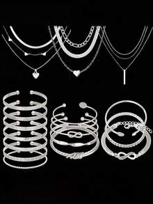35/47/50/71/87件套 时尚简约优雅波西米亚风首饰套装，包含耳环、项链、戒指、手链，饰有心形、扭纹、蝴蝶、几何元素、波浪纹等图案，百搭日常佩戴配饰，款式随机。 - 銀色 - 查看 9