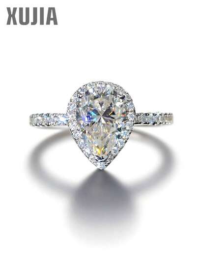 XUJIA 1pc 925 Sterling Silver 7x10mm-2ct Pear Cut D Color VVS1 Moissanite Engagement/Anniversary Ring, Elegant Women's Jewelry Travel Ring, Birthday Gift