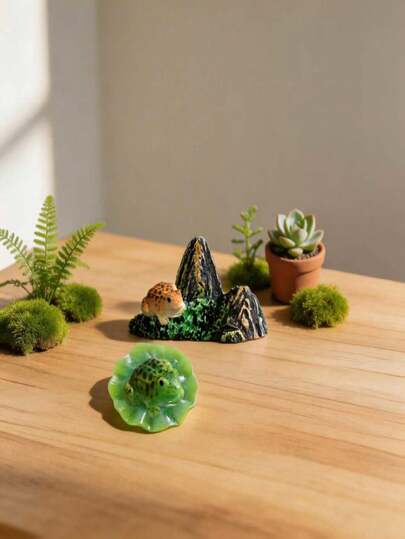 4pcs Garden Decor, Micro Landscape Creative Realistic Brown Frog + Green Frog + Fake Rock + Lotus Leaf Ornament Set, High Quality Resin Material, Mini Spring Festival Decoration, Suitable For Outdoor, Indoor Office, Party, Room, Micro Landscape, Desktop, Ornament