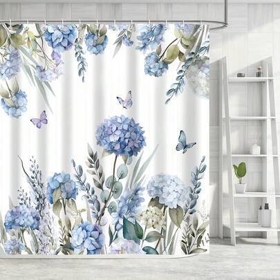 1件蓝色花朵浴帘，紫色蝴蝶花卉植物浴帘，适用于浴室浴缸隔断、浴室浴帘装饰、浴室配件