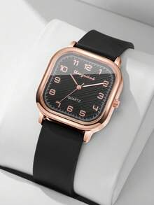 1 件女式石英手表，带硅表带，时尚方形表盘带数字标记，时尚休闲腕表（1 件/套），不含表盒 - 黑色 - 查看 2