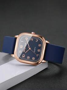 1pc Women Casual Square Digital Scale Dial Fashion Quartz Wrist Watch With Silicone Strap (1pc/Set, Watch Box Not Included) - Blue - View 6