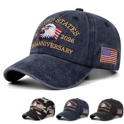 2026 USA 250th Anniversary Commemorative Embroidered Baseball Cap, Vintage Washed Embroidery, Unisex Outdoor Sports Hip Hop Hat, Casual Fashion Snapback