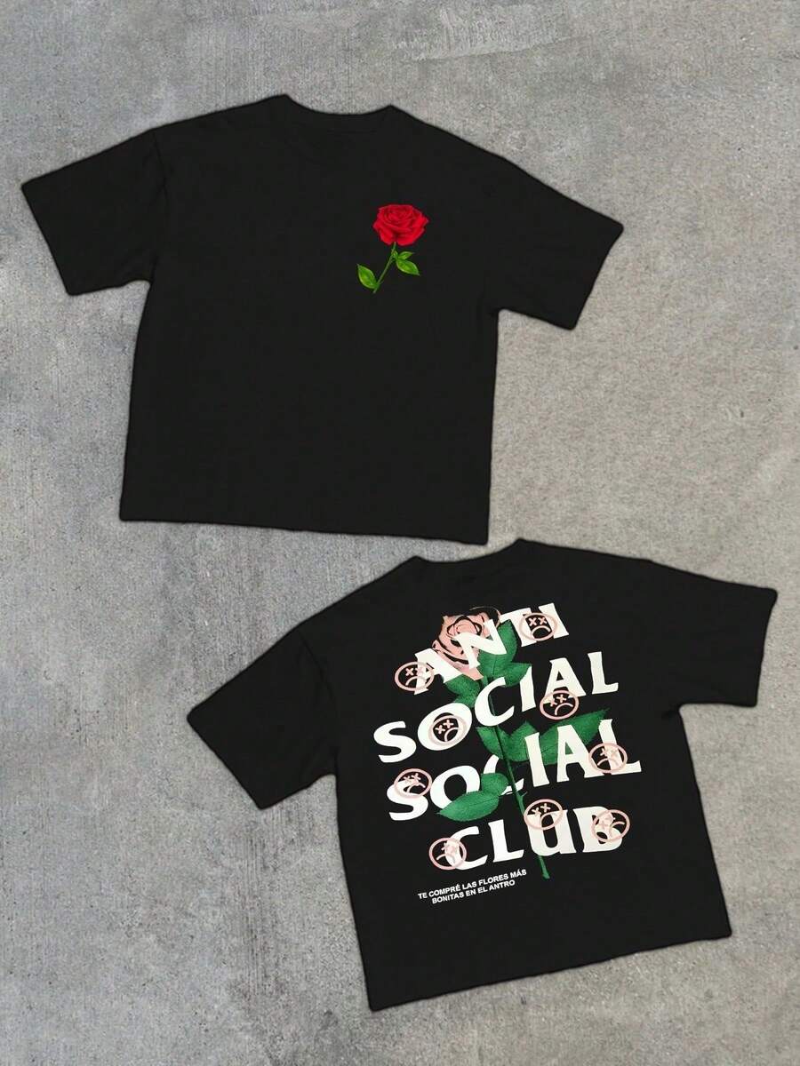 1pcs Men's Rose Graphic Size Plus Double Sided Digital Printed 220g T Shirt Streetwear 100% Cotton Casual Graphic Tee Anti Social Club Fashion - 黑色 - 查看 1