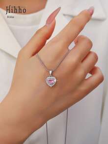 Hihho 1件奢华粉色锆石镶边项链，精致少女风首饰，送给女朋友/闺蜜的礼物 - 銀色 - 查看 4