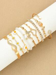 9pcs Fashionable Minimalist Elegant Heart, Flower, Daisy, Bow, Rhinestone Chain Bracelet Set, Suitable For Women, Holiday, Party, Birthday, Daily Wear - Yellow Gold - View 3