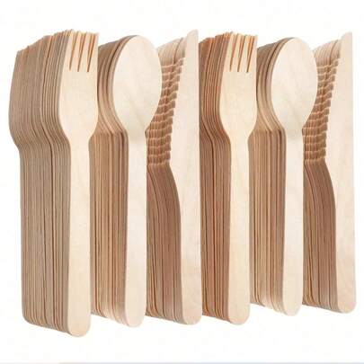High Quality Wooden Cutlery Set, Includes 300/200/100/50/10pcs, Salad Forks, Dessert Spoons, Suitable For Cakes, Desserts, Salads, Burgers, Sandwiches, Sushi, Ideal For Family Gatherings, Outdoor BBQs, Hotels, Birthday Parties, Restaurants And Kitchen Use.