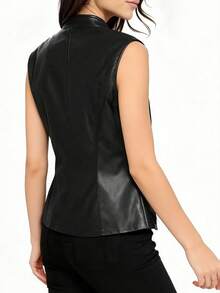 Jaqueta Colete de Motociclista Fashionable Casual Sem Mangas com Zíper em Couro PU, Adequada para Primavera, Outono e Inverno, Cor Preta - Preto - Visão 5