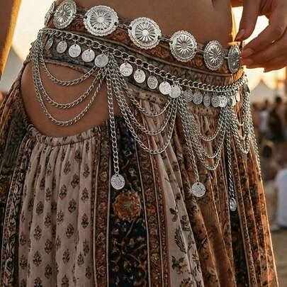 2 piezas Cadena de vientre con diseño de pétalos y flores de estilo bohemio vintage con monedas multicapa, cadena de cintura con borlas árabe sexy, adecuada para playa, vacaciones, atuendo de fiesta, Halloween, otoño en el campus
