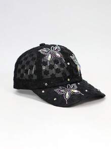 1顶女士蕾丝镂空蝴蝶装饰棒球帽，饰有AB水钻，适合春、夏、秋季佩戴的休闲帽 - 多色 - 查看 7