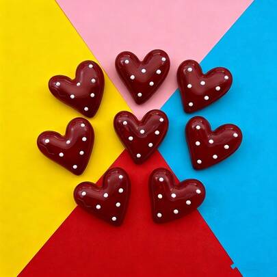 5pcs/9pcs/12pcs Red & White Polka Dot Heart Shaped Resin Fridge Magnets, Cute Decorative Refrigerator Magnets, Lovely Office Magnets, Kitchen Supplies, Storage Cabinet & Dishwasher, Thanksgiving Christmas Gifts, Holiday & Party Decor