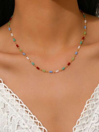 1件装清爽彩虹棱镜玻璃珠项链，女士沙滩假日派对配饰