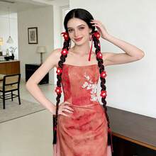 28 Inch Synthetic Long Ponytail Hair Extension, New Red Ribbon Bow Braided Pigtail Hairpiece, Festive Hairstyle Accessory - Multicolor - View 8