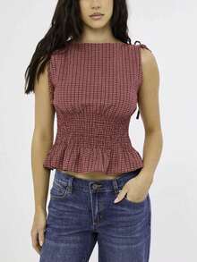 Y2K Gingham Smocked Waist Peplum Top  Sleeveless Boat Neck Tie Shoulder Blouse  Retro Cottagecore Crop Top For Summer, Brunch  Casual Outfits - Đỏ - Xem 6