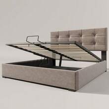 Upholstered Hydraulic Double Bed 140x200cm, Adjustable Headboard, Slatted Base And Metal Frame, Velvet, Modern Bed Frame With Storage Space, Light Grey - Khaki - View 2