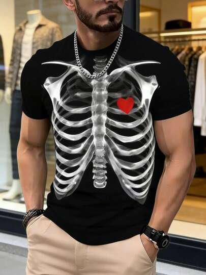 男士哥特骷髅心形印花T恤 - 黑色T恤，饰以红色爱心 - 情人节礼物 - 休闲日常T恤 - 轻薄夏季上衣，适合情侣和哥特时尚爱好者，印花设计生动，穿着舒适，男士T恤，男装，男士短袖T恤