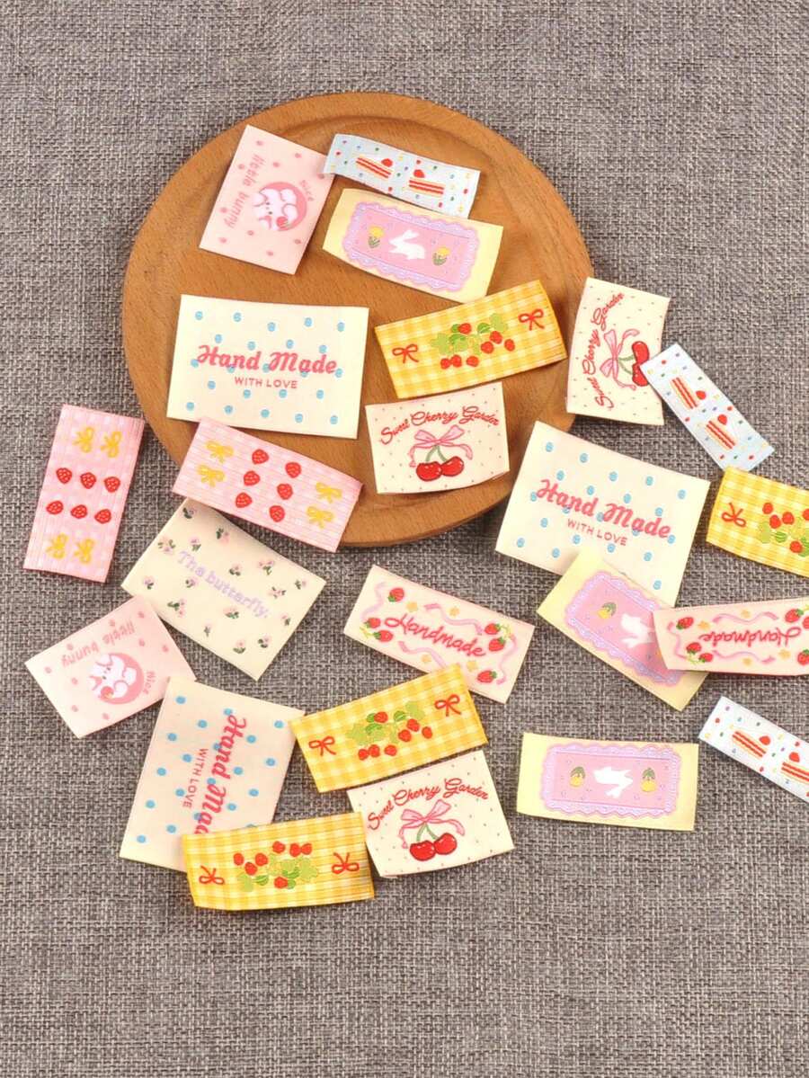 20pcs 2.5-5cm Mixed Color Cherry/Dessert Pattern Fabric Labels, Edging Trim, DIY Sewing Accessories For Bags, Hats, Scarves, Clothing - Multicolor Mixing - View 1