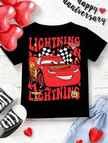 Disney Black Background Cars Lightning McQueen Print Kids' Short Sleeve T-Shirt - Playful And Cute Racing Style Top - Black - View 4